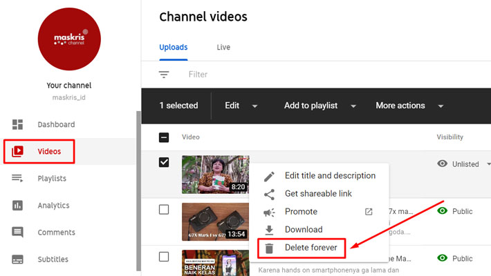 Menghapus video YouTube