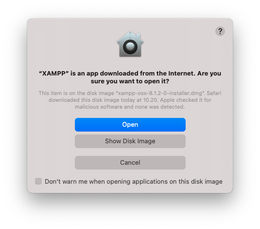 Open “XAMPP” is an app downloaded from the Internet. Are you sure you want to open it?